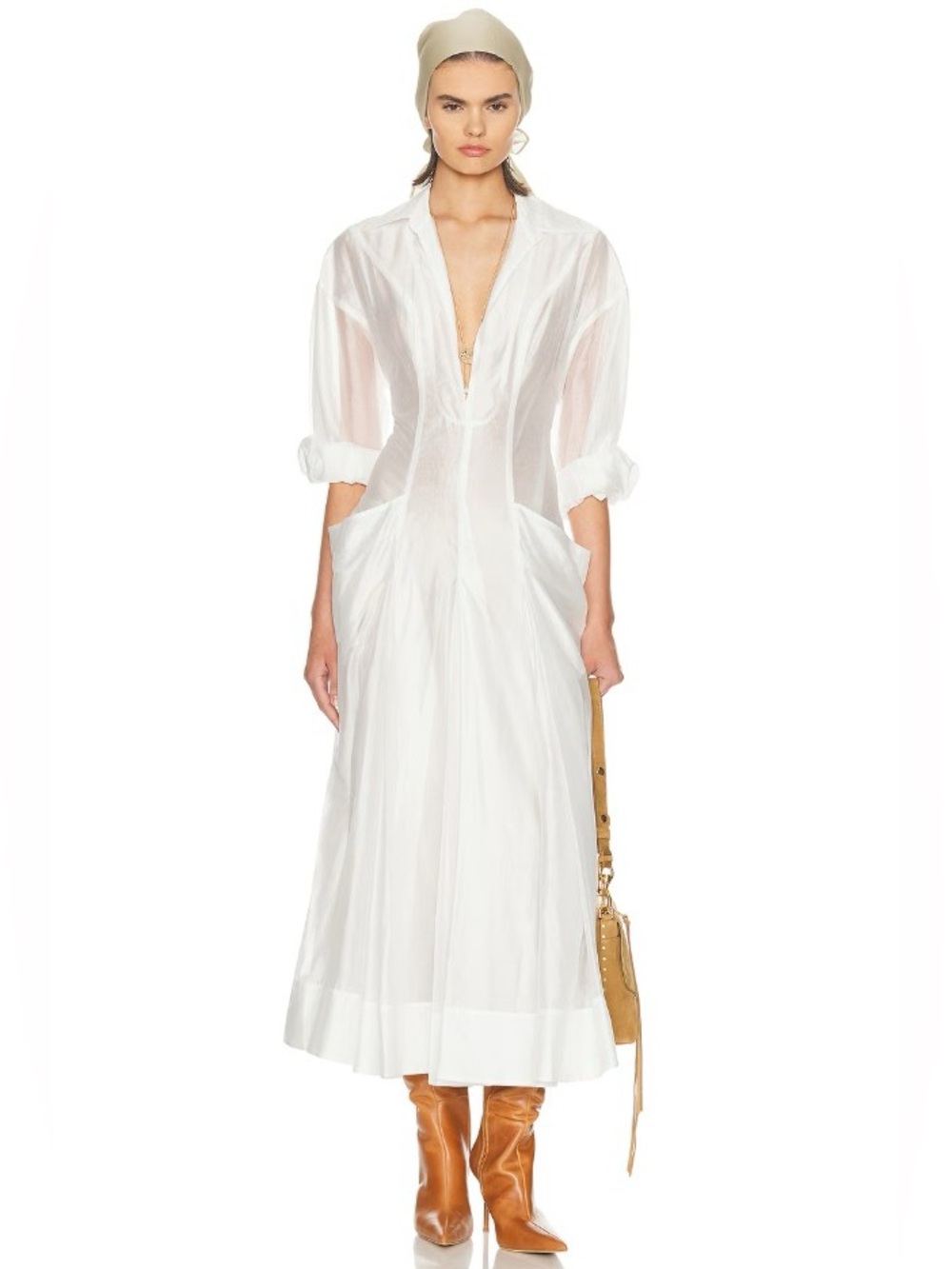 Helsa White Lyocell Plunge Corset Waist Shirt Midi “The Museum” Dress NWOT